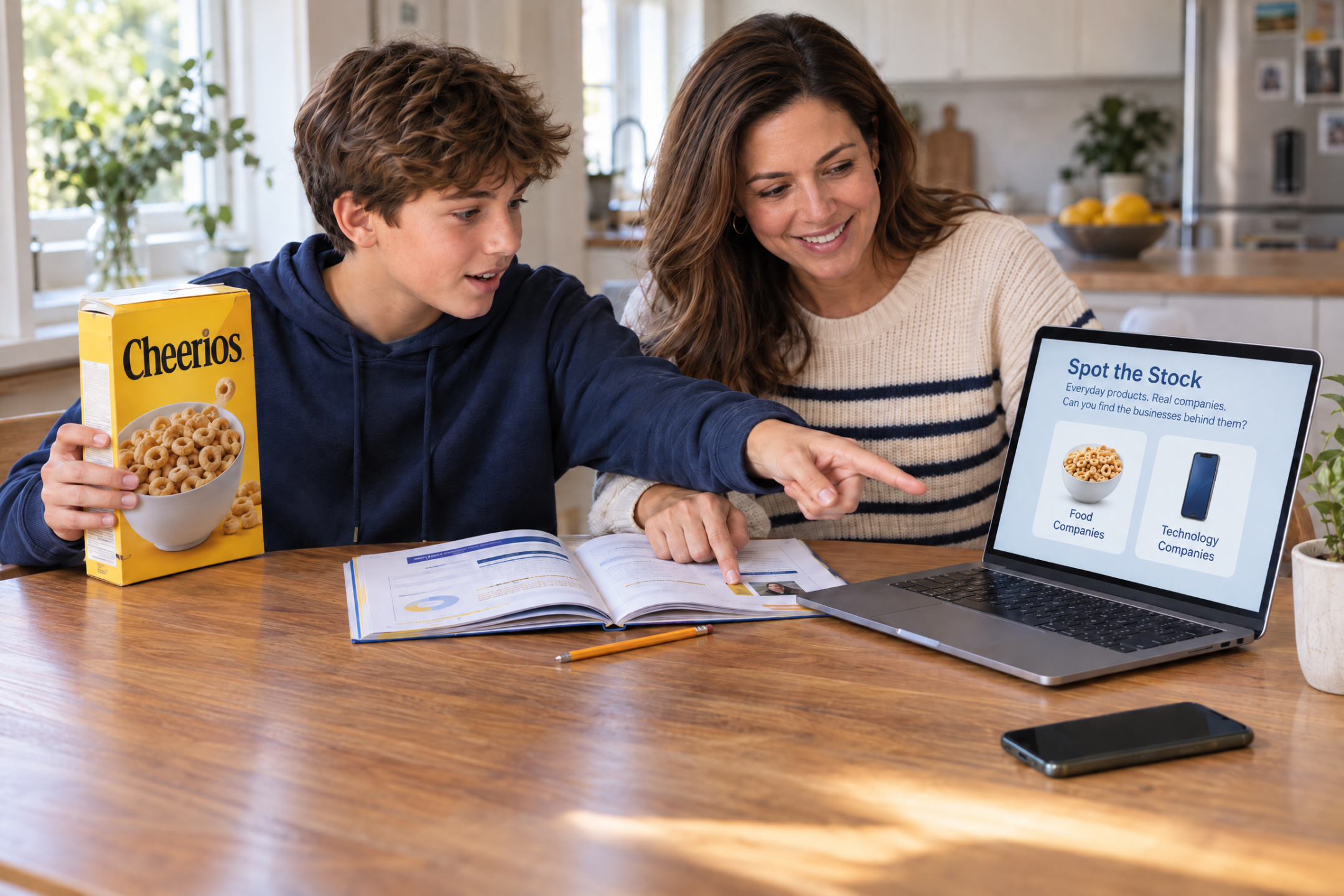A middle schooler holds up a cereal box and points to the Spot the Stock lesson on a laptop while his mom follows along