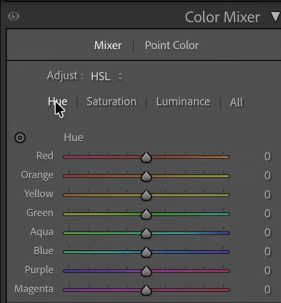 Lightroom's Color Mixer in HSL mode, with Hue, Saturation, and Luminance tabs for each color band