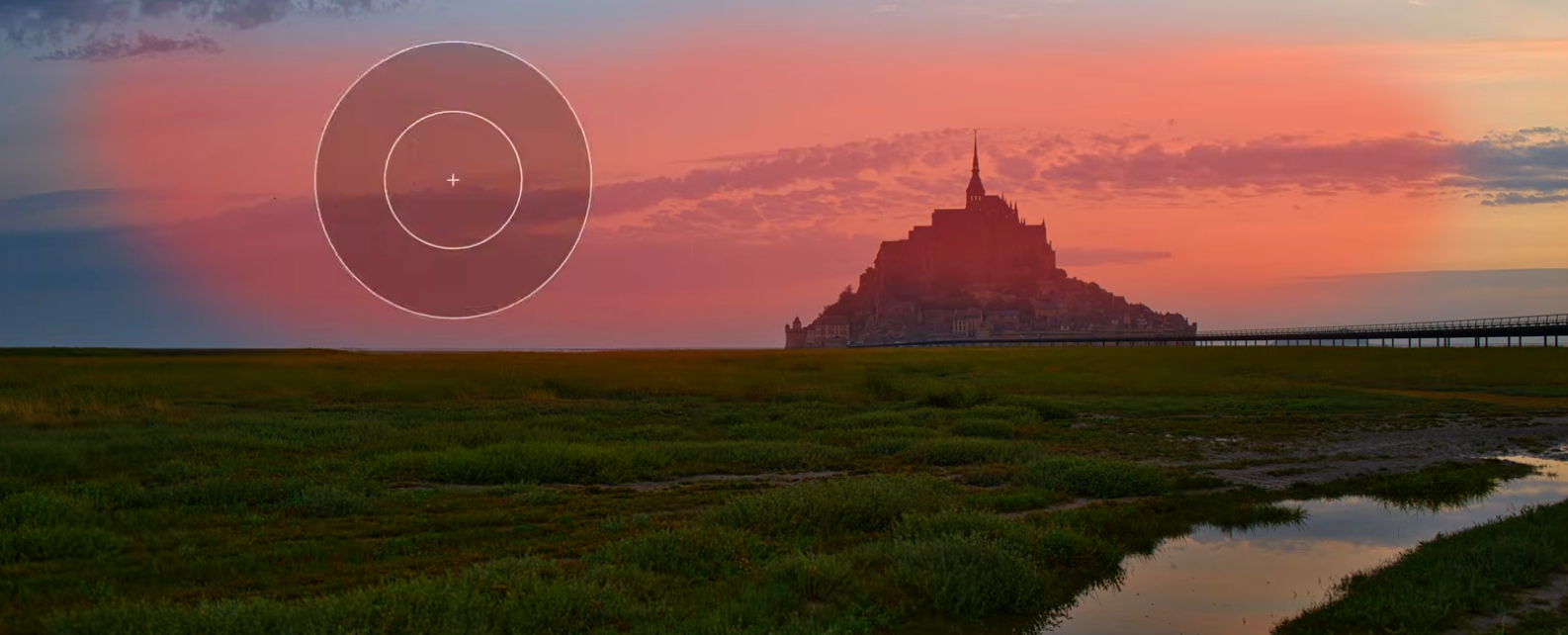 The masked area highlighted in red over the Mont Saint-Michel photo, showing exactly where the adjustment will apply