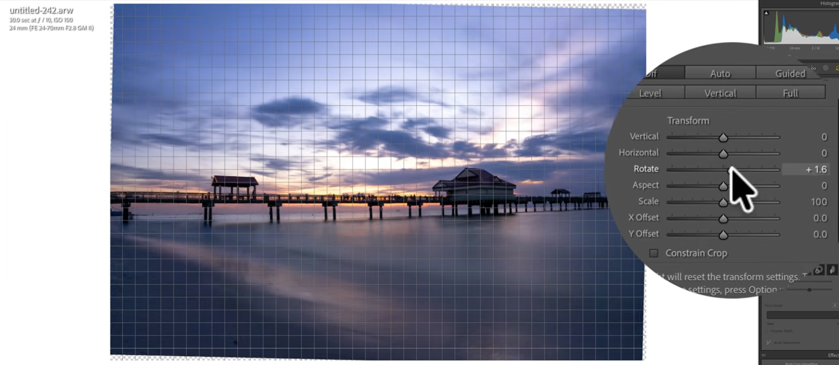 Straightening the horizon in Lightroom's Transform panel with a Rotate value of +1.6