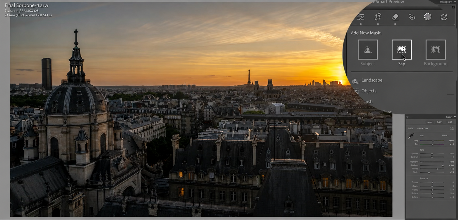 Opening Lightroom's Add New Mask menu and selecting Sky on a Paris cityscape at sunset