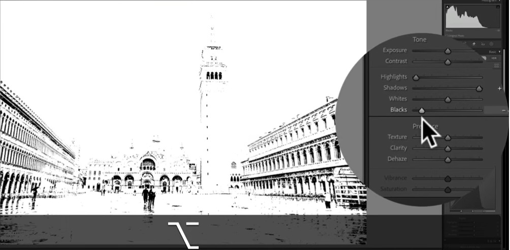 Clipping view while Option/Alt-dragging the Blacks slider in Lightroom