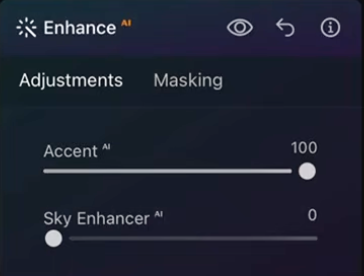 AI Enhance panel with Accent AI and Sky Enhancer settings in Luminar Neo