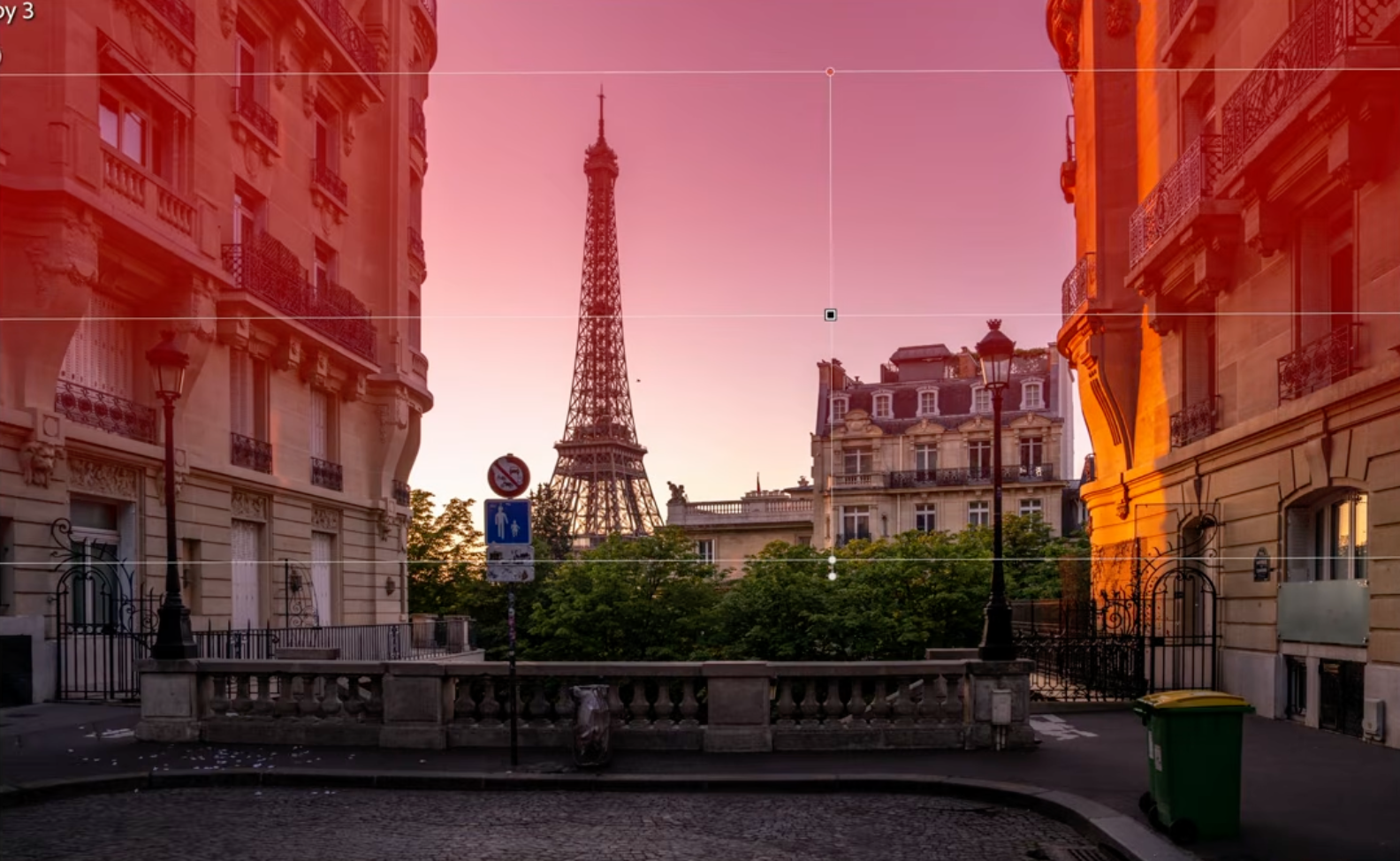 A Linear Gradient combined with AI sky masking darkening the sky above the Eiffel Tower in Lightroom
