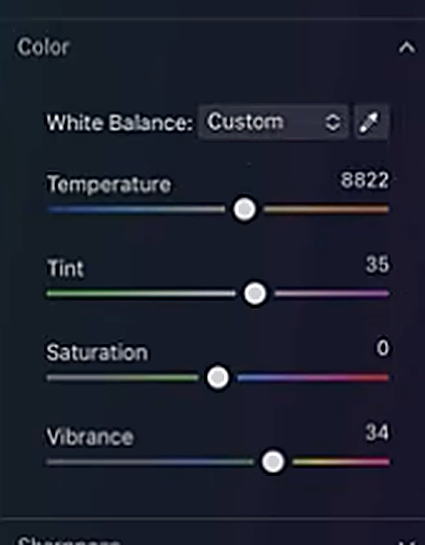 The White Balance panel in Luminar Neo, with Temperature, Tint, Saturation and Vibrance restoring natural color