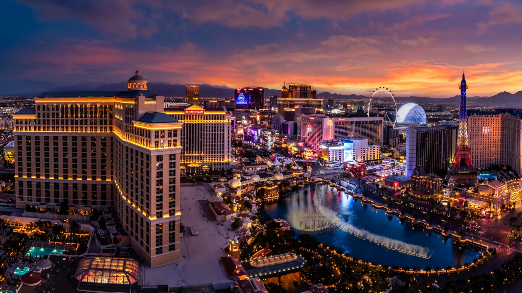 The same Las Vegas Strip photo with a dramatic sunset sky added using AI