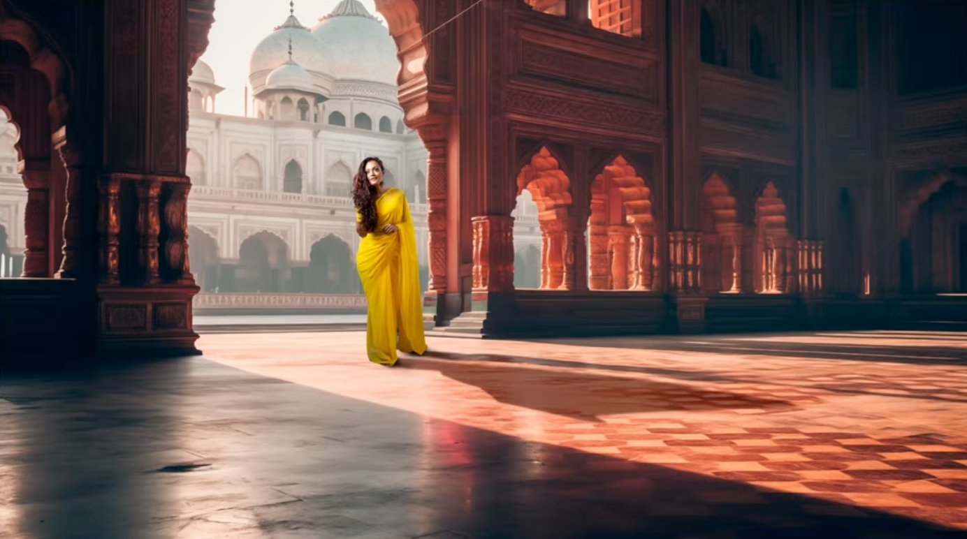 A portrait of a woman in a yellow saree walking through an Indian palace, AI-generated background
