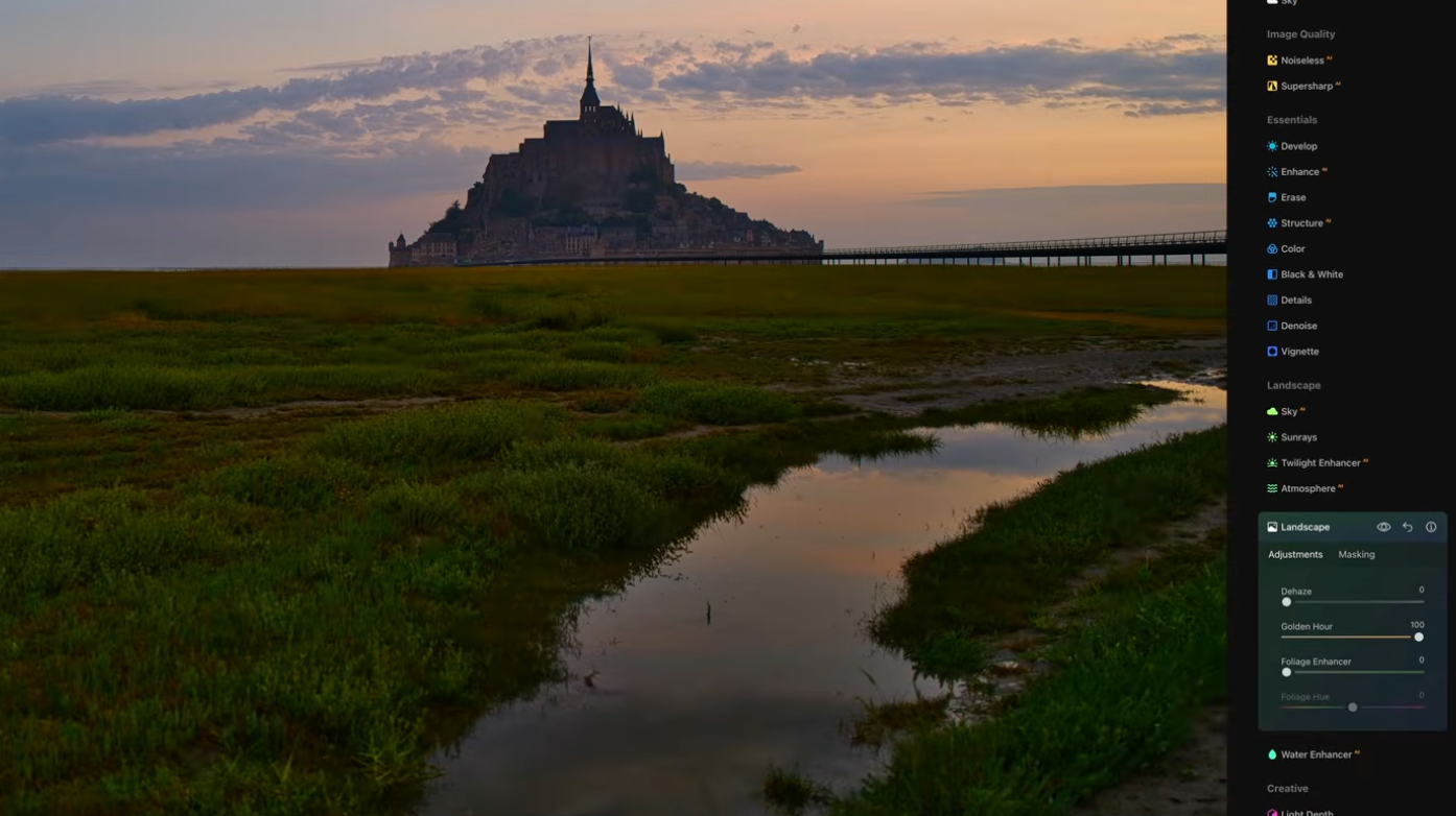 The Golden Hour tool panel applied to the Mont Saint-Michel photo in Luminar Neo