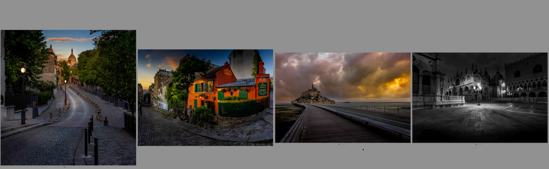 Four more finalist photos: a cobblestone Montmartre street, the red Lapin Agile cabaret, Mont Saint-Michel under a dramatic sky, and a black and white Venice square