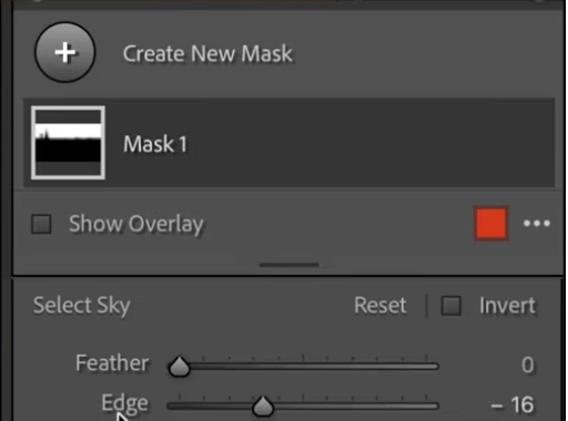 Lightroom's Feather and Edge sliders in the Masking panel, Feather at 0 and Edge at -16