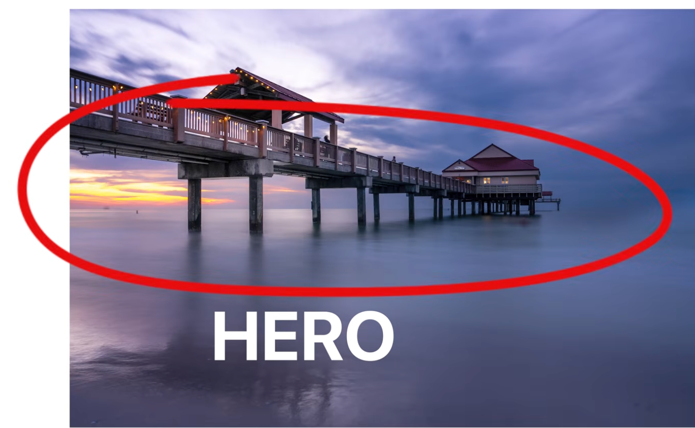 The final chosen composition of the pier at sunset, circled as the winning angle