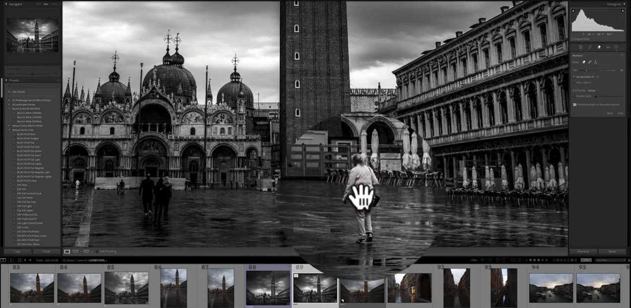 Generative Remove tool removing a distracting passerby, before and after split view