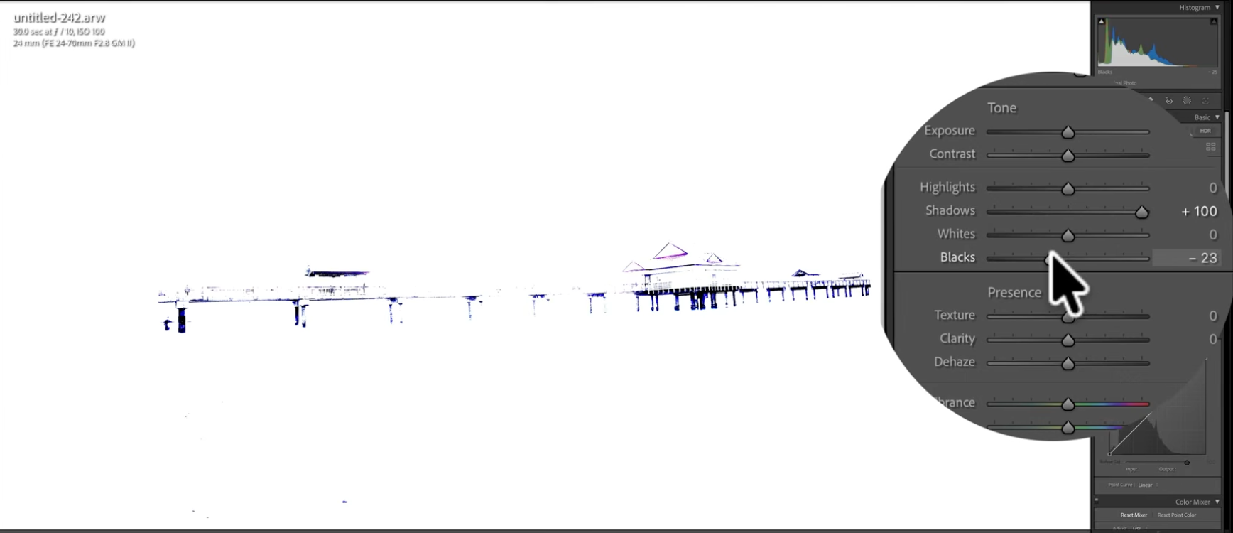 Setting the black point in Lightroom using the Alt/Option clipping view, Shadows at +100 and Blacks at -23