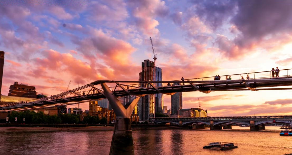 A properly edited, balanced photo of the Millennium Bridge at sunset in London