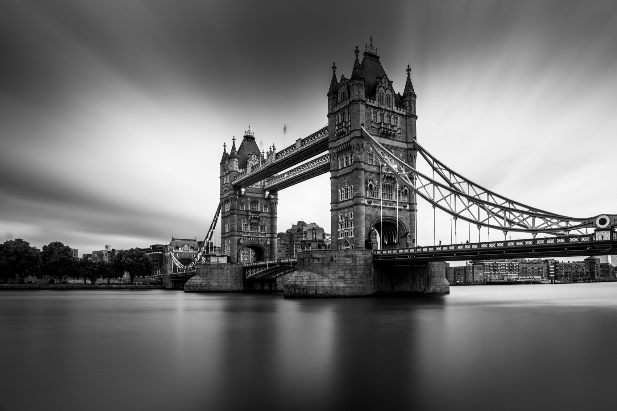 After a black and white Lightroom preset — dramatic long exposure of Tower Bridge in London