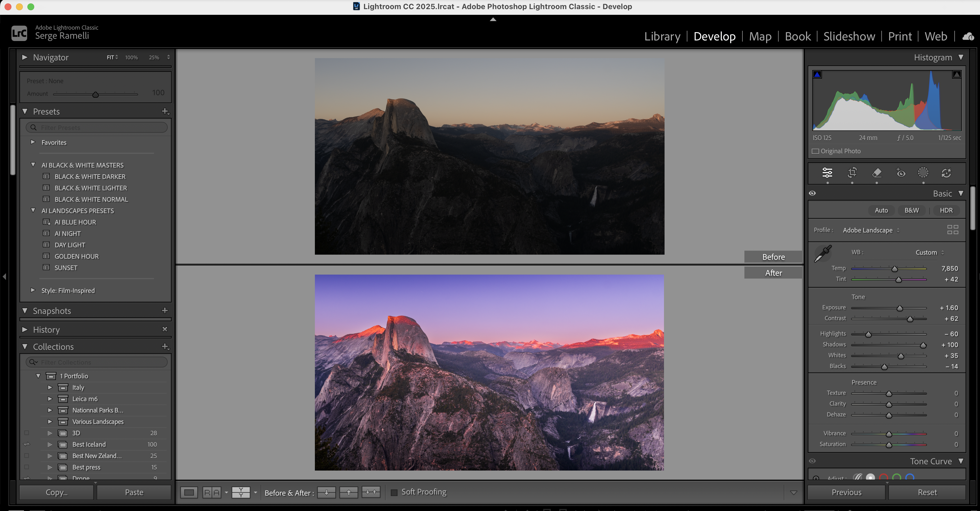 Before and after Half Dome Yosemite edit in Lightroom Classic