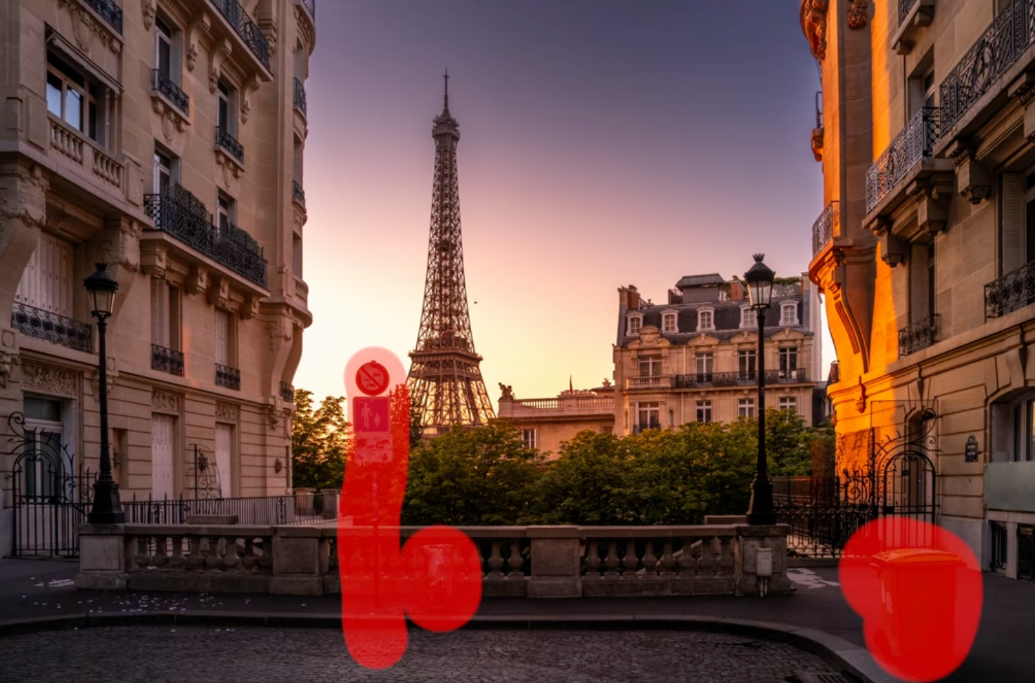 Generative Remove marking a distracting street sign to clean out of the Eiffel Tower photo in Lightroom