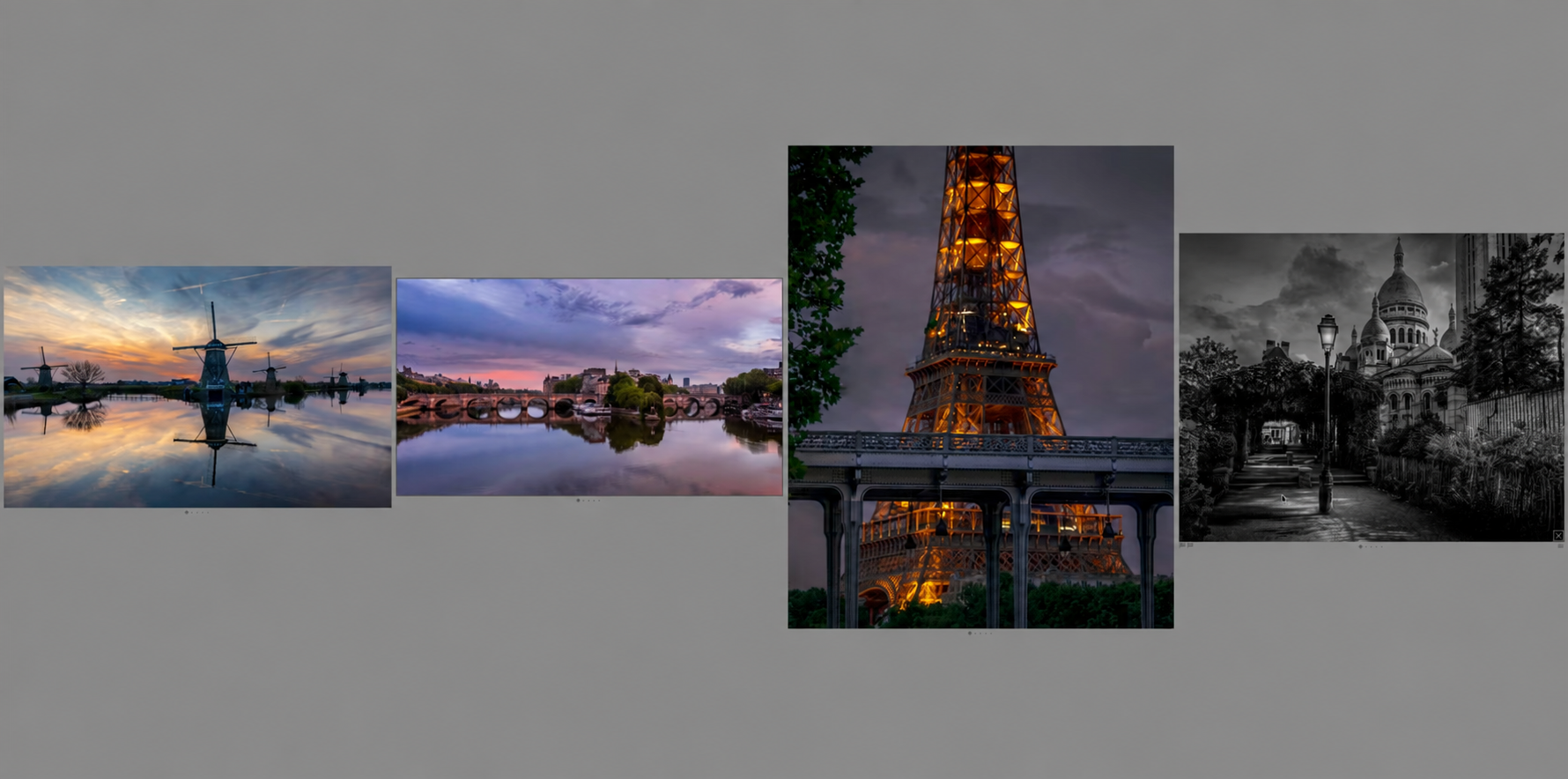 Four finalist photos side by side: windmills at sunset, a bridge reflected in the Seine, the Eiffel Tower lit at dusk, and a black and white Montmartre street