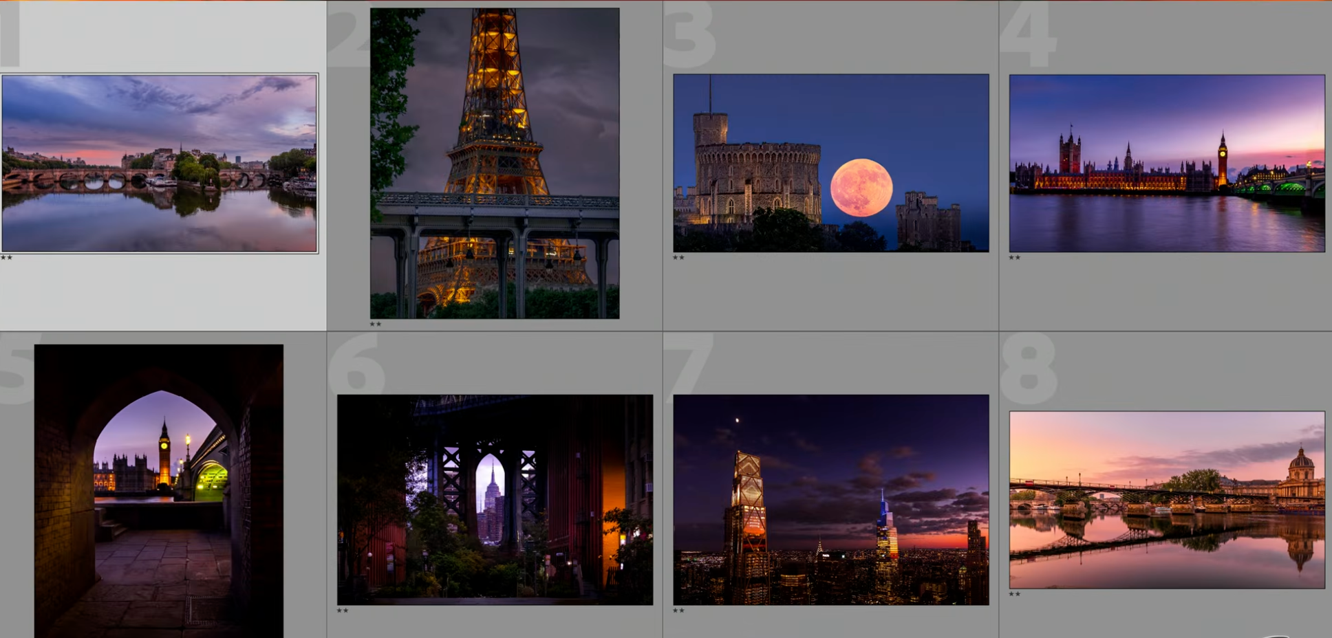 Eight two-star rated photos laid out side by side in Lightroom's Survey Mode for direct comparison