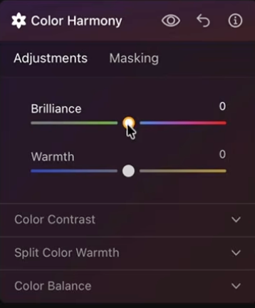 The Color Harmony panel fine-tuning Brilliance and Warmth in Luminar Neo