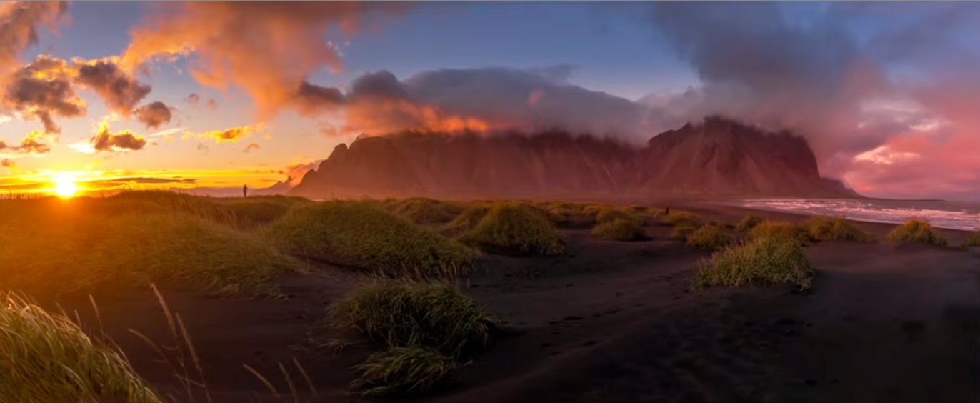 Vestrahorn mountain in Iceland under a natural, unedited sunset sky