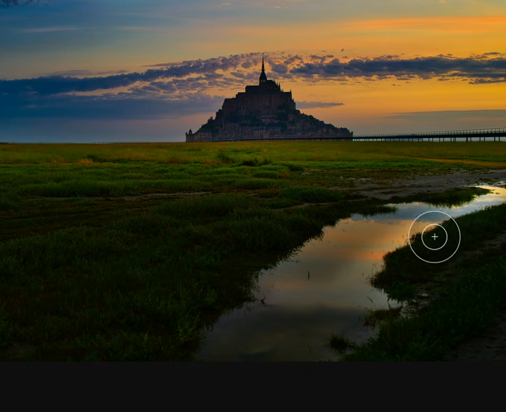 The Dodge and Burn brush actively positioned on the Mont Saint-Michel photo in Luminar Neo