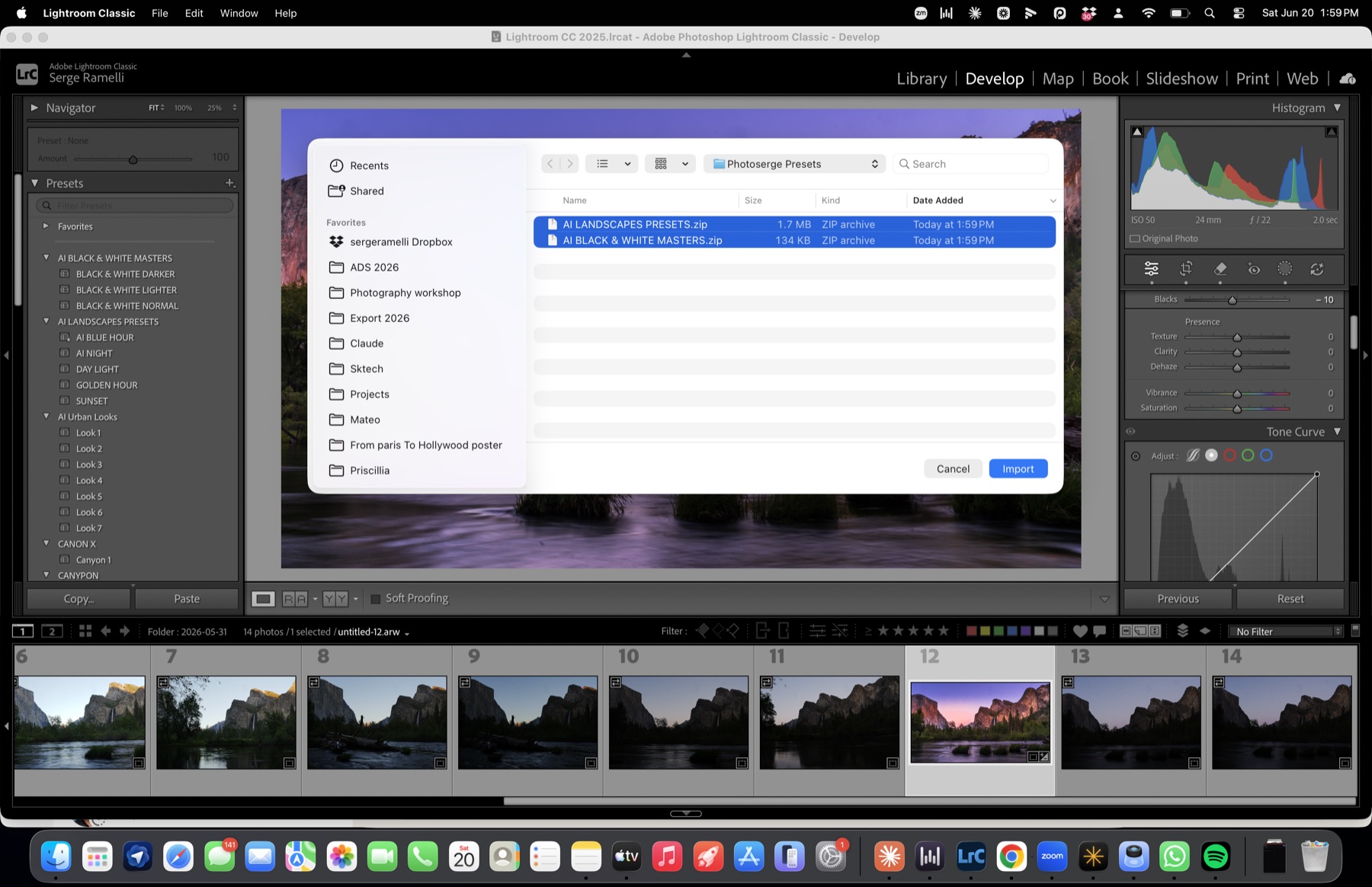 Selecting the Lightroom preset zip files to import into Lightroom Classic without unzipping