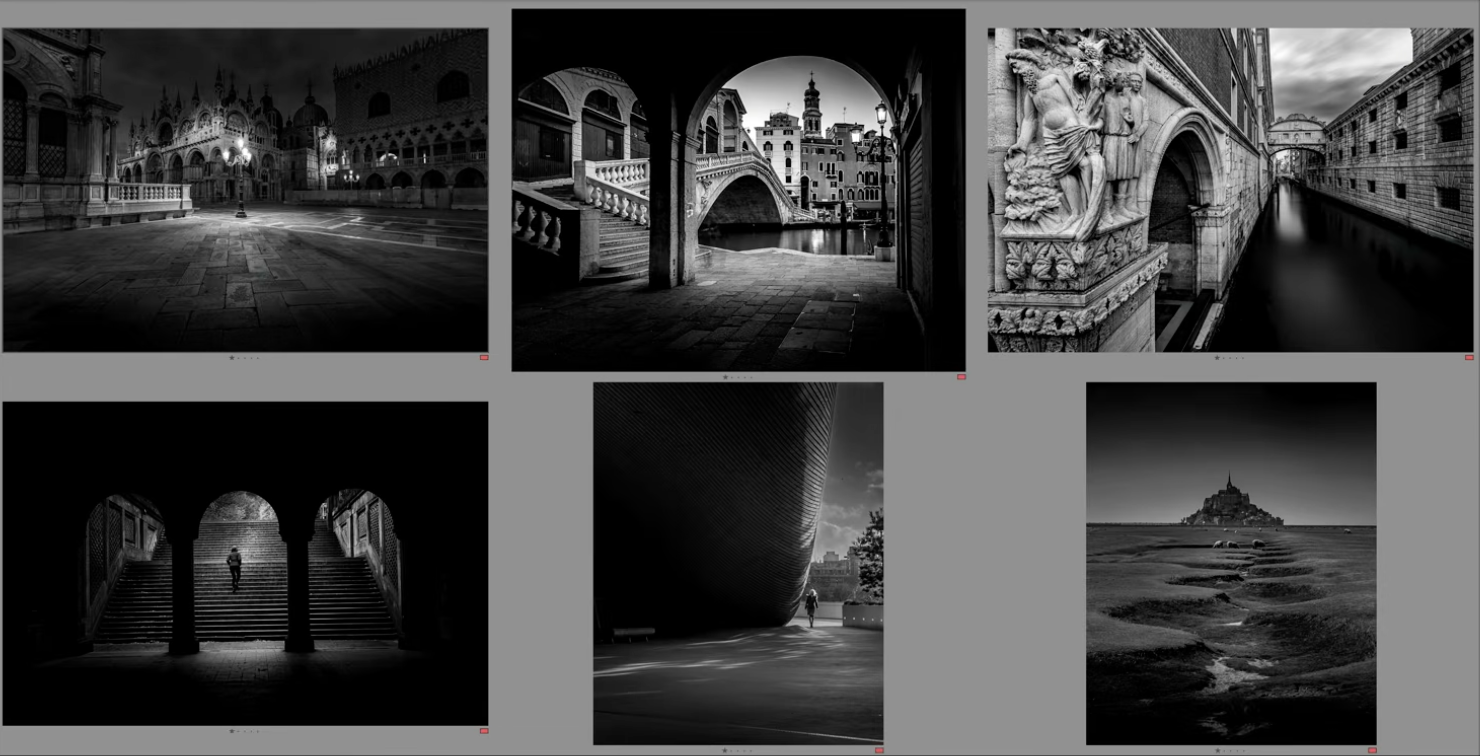 Six black and white photos of Venice and Mont Saint-Michel grouped together in Lightroom