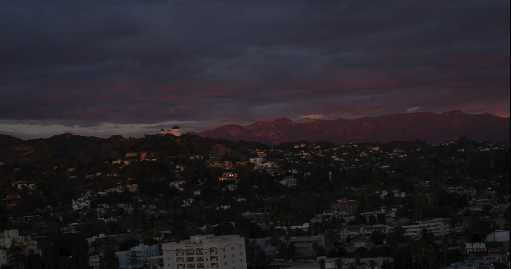 RAW, unedited photo of Griffith Observatory at dusk, flat dark colors