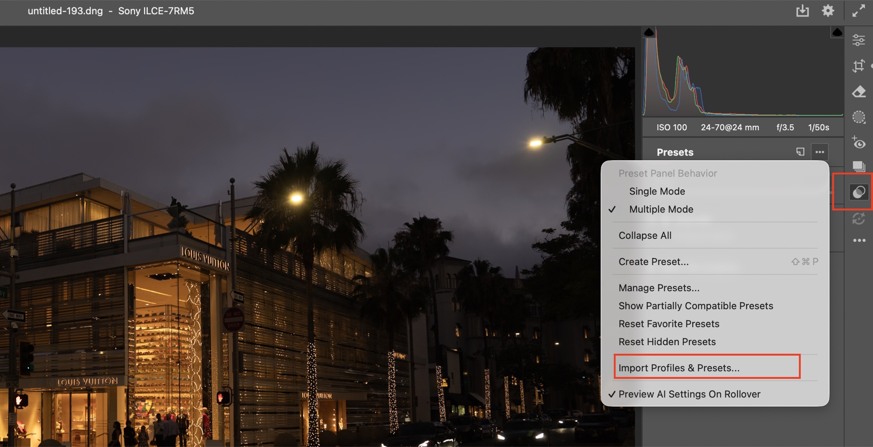 How to install presets in Adobe Camera Raw — Import Profiles and Presets menu