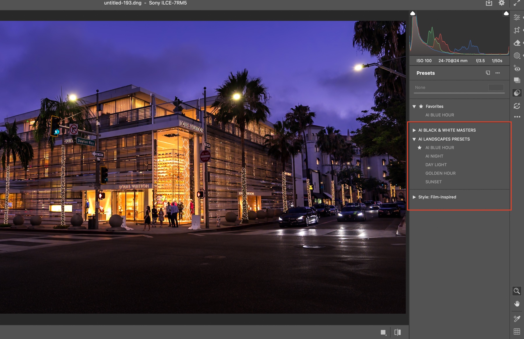 Installed presets in the Adobe Camera Raw Presets panel applied to a night cityscape