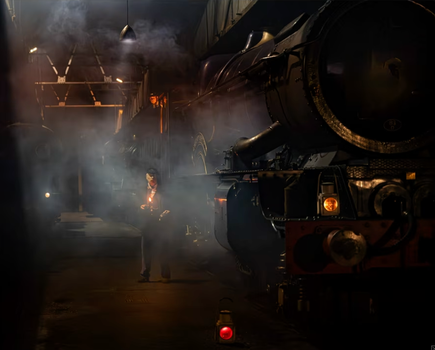 A moody photo of a railway worker signaling beside a smoking steam locomotive at night