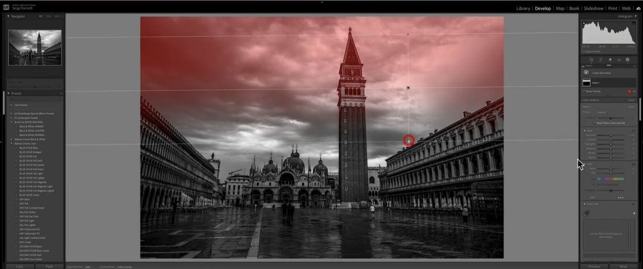 Linear gradient tool drawn across a dramatic sky in Lightroom, shown as red overlay