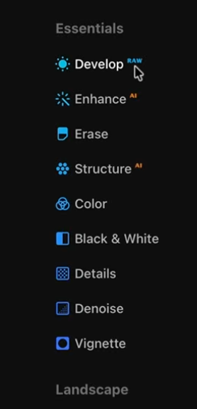 Luminar Neo's Essentials tools panel, showing Develop, Enhance, Erase, Structure, Color, Black and White, Details, Denoise and Vignette