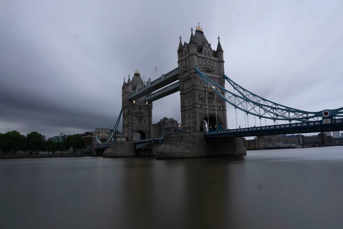 Tower Bridge in London under flat, boring overcast light in color