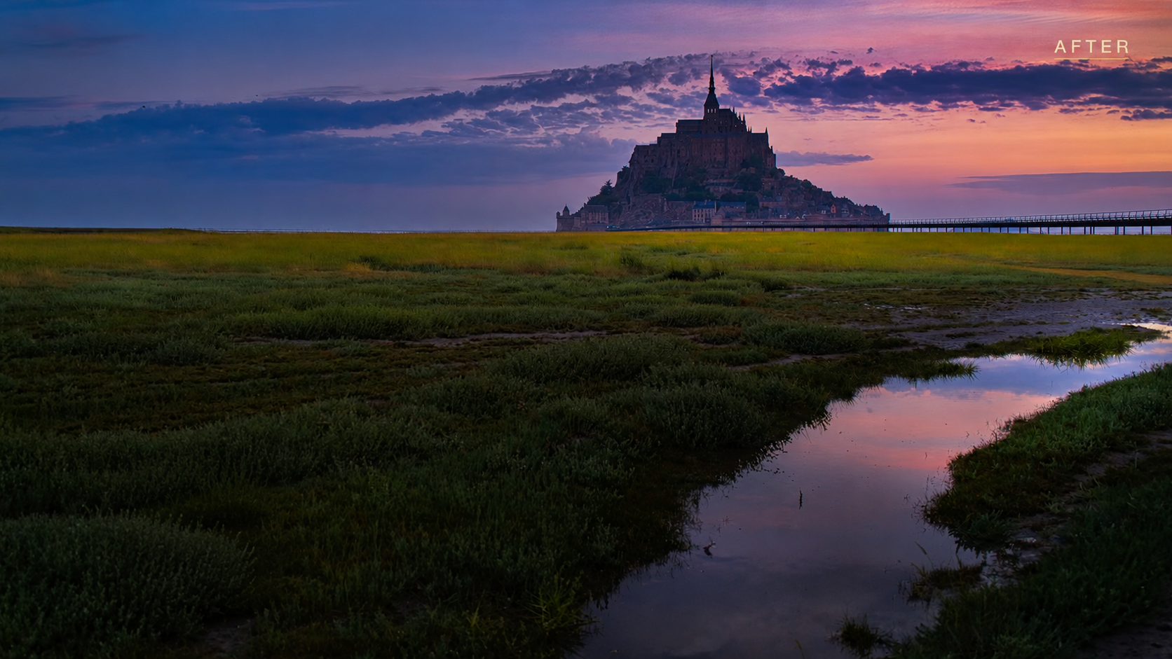 The complete before and after transformation of the overexposed Mont Saint-Michel RAW photo in Luminar Neo