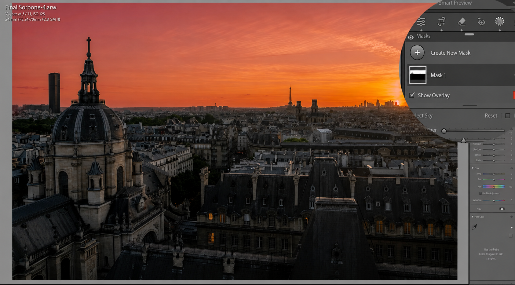 The Sky mask applied with a dramatic color grade, Feather and mask panel visible, on the same Paris cityscape