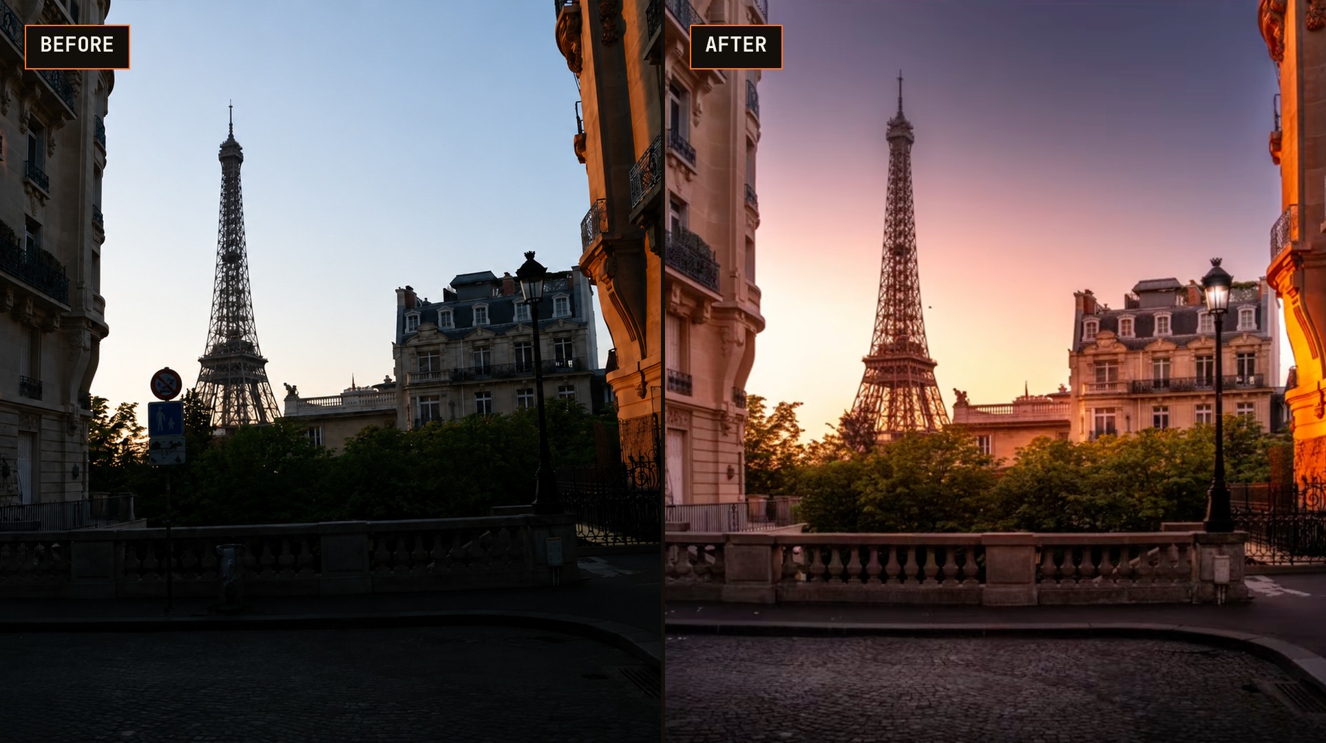 A complete before and after comparison of the Eiffel Tower photo showing the unedited RAW file versus the full Lightroom edit