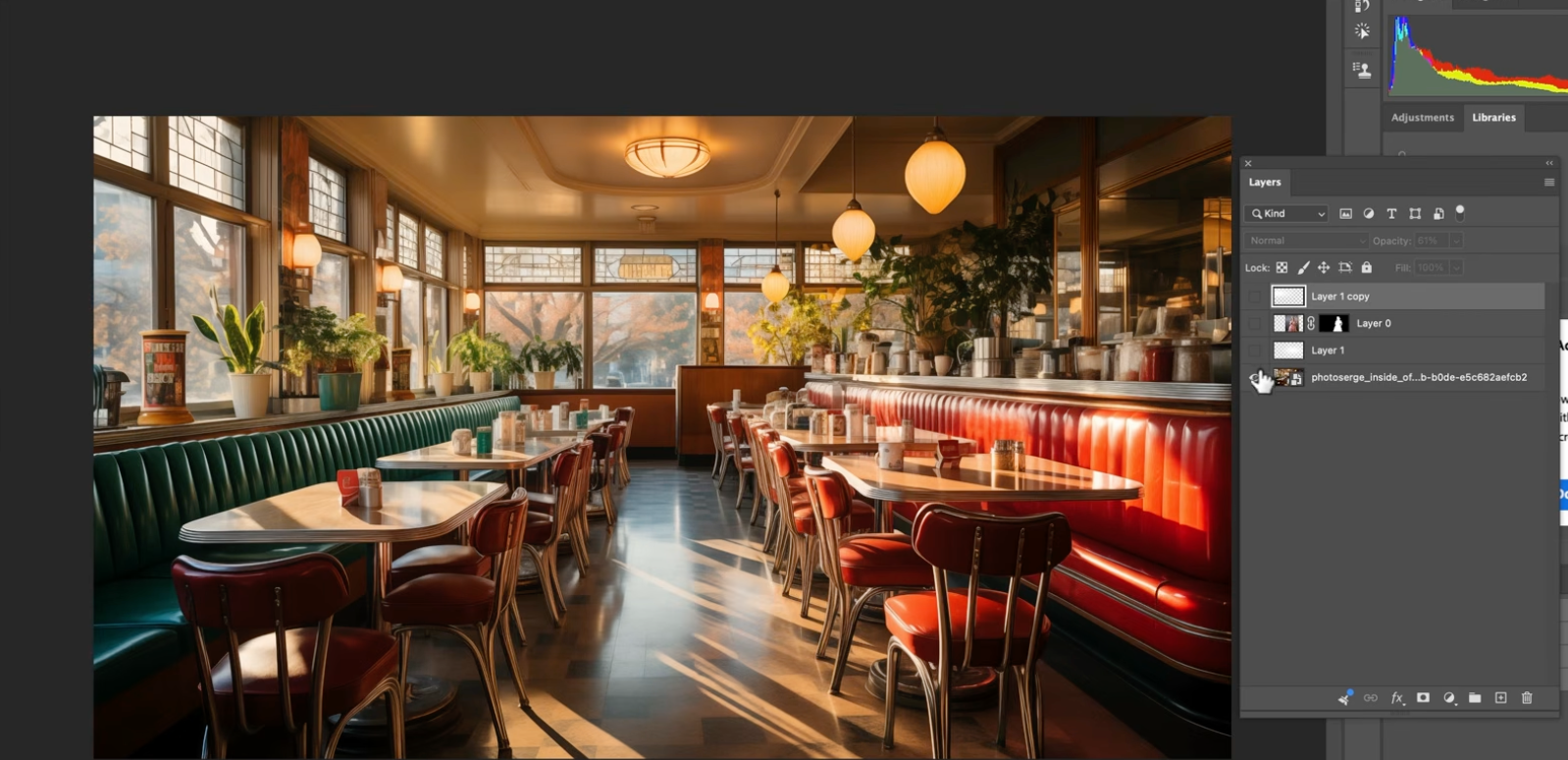 The AI-generated retro diner background alone, shown in Photoshop's layers panel before the portrait was composited in