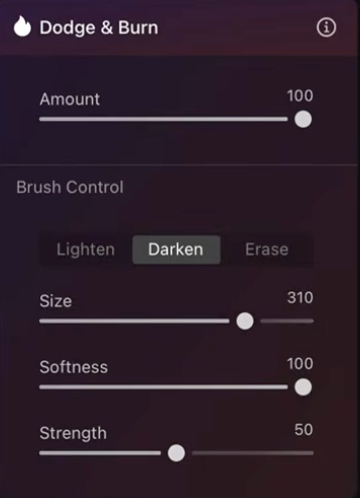 The Dodge and Burn panel in Luminar Neo with Amount, Size, Softness and Strength settings