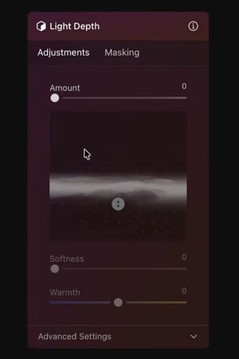 The Light Depth tool panel in Luminar Neo showing the photo's depth map before the effect is applied