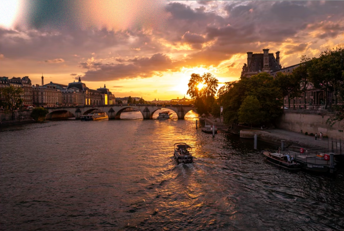 The same Paris sunset over the Seine with the correct, warm white balance