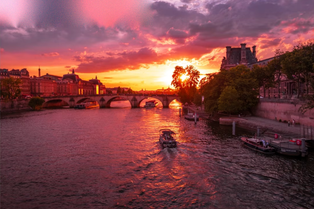 A Paris sunset over the Seine with the wrong, too-cool white balance