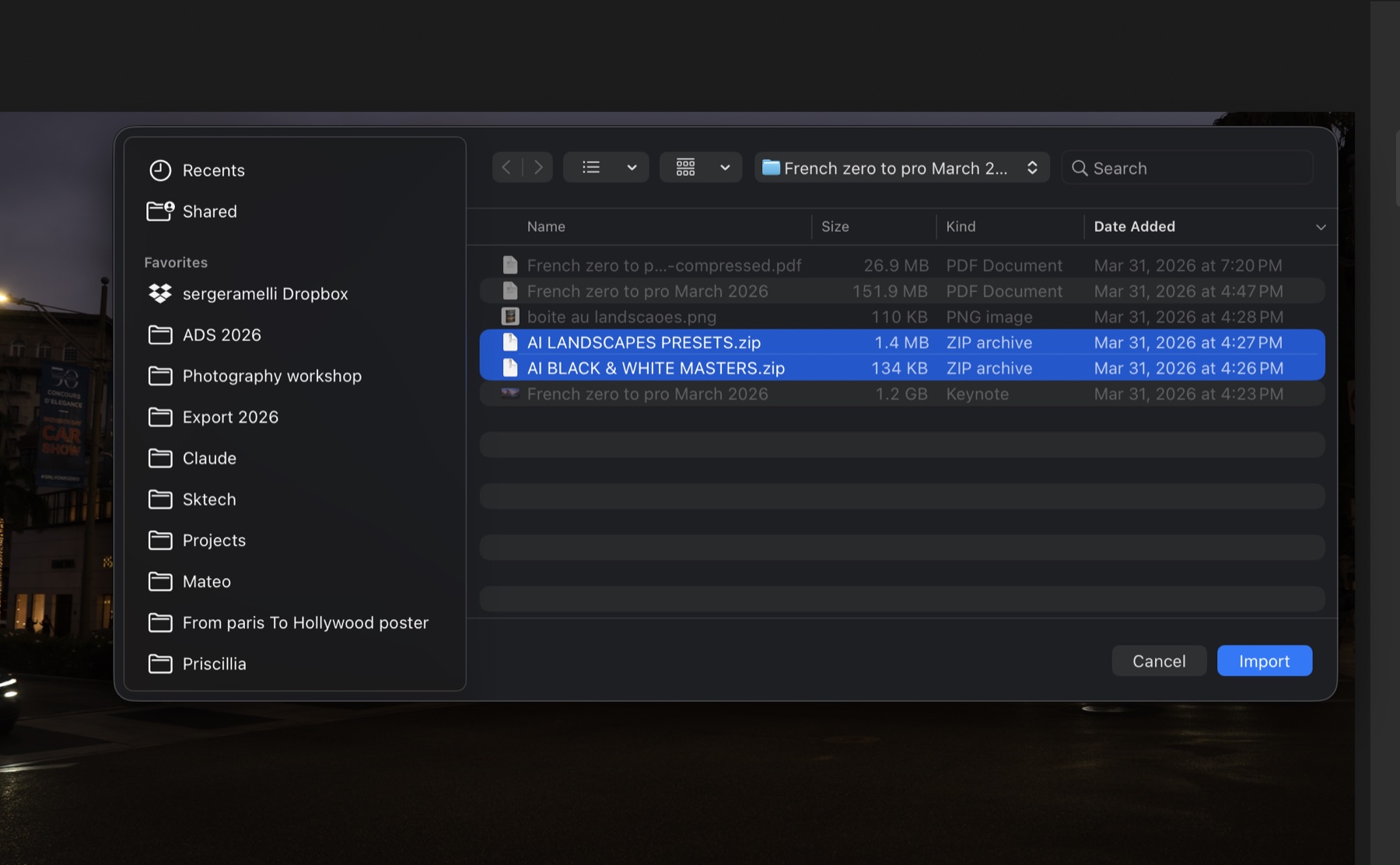 Selecting the Lightroom preset zip file to import into Lightroom