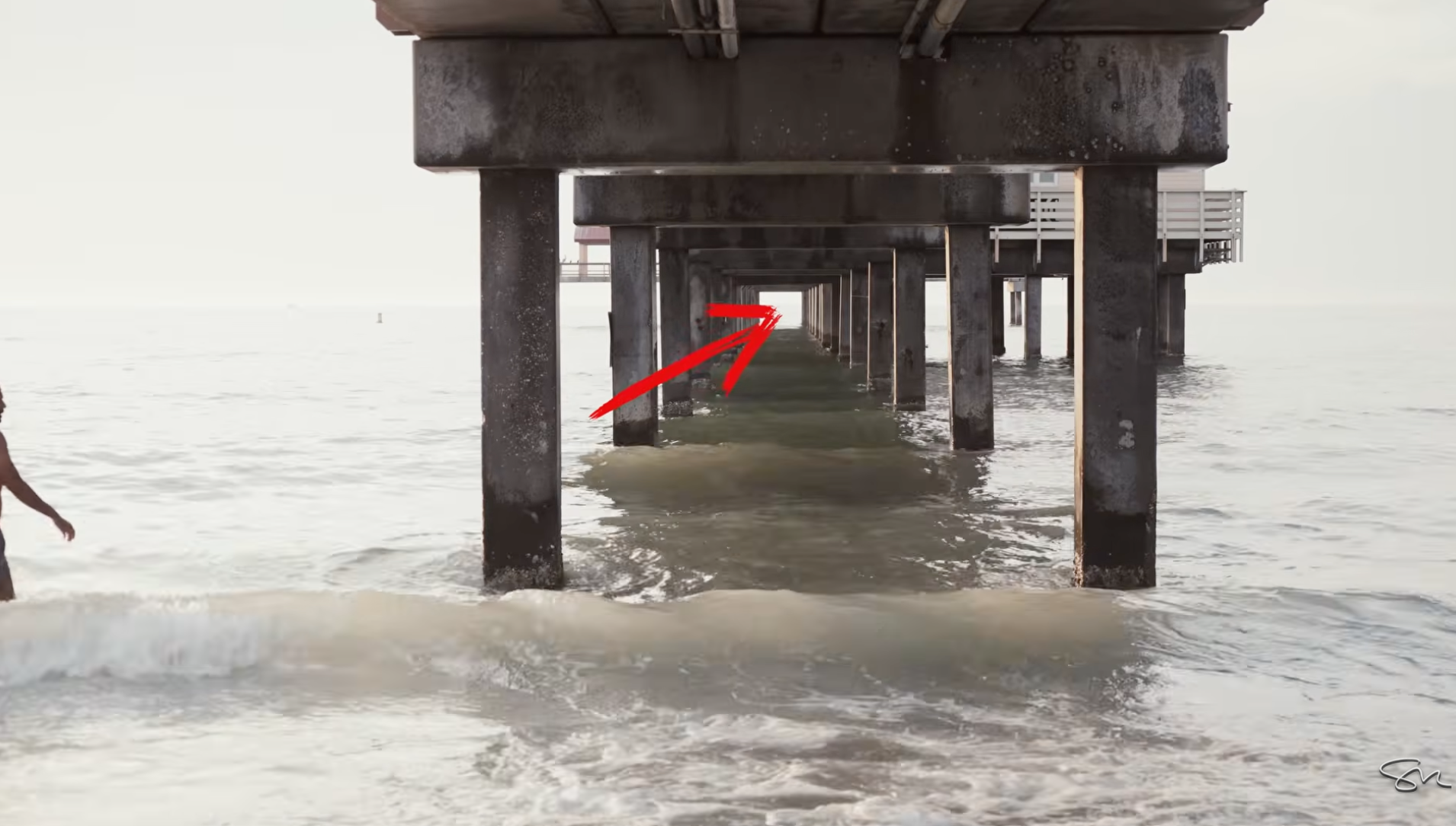 Looking straight down the pilings under the pier toward the horizon for a leading-line composition