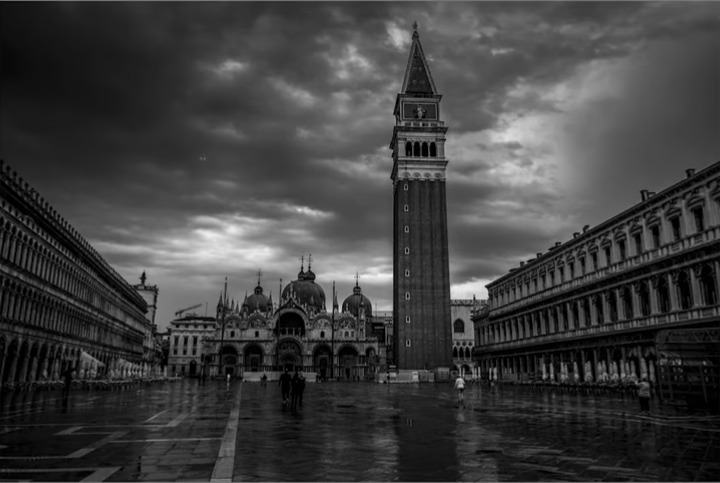 Darkened dramatic sky over St Mark's Campanile after AI sky mask intersection