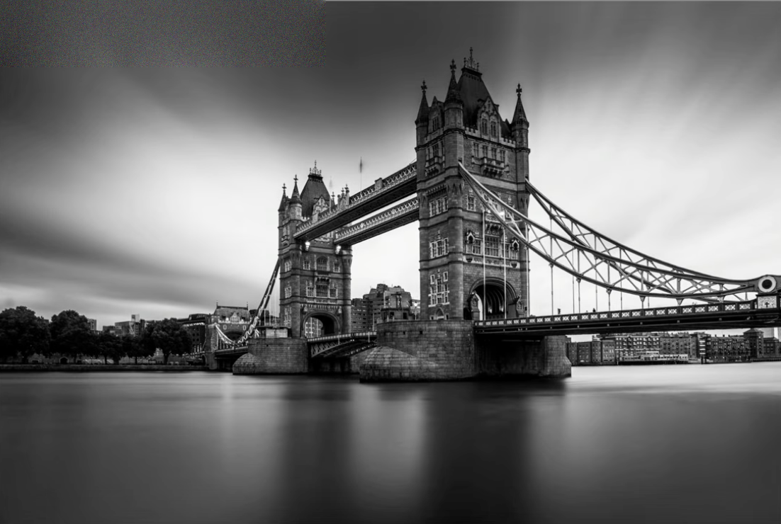 Tower Bridge in London converted to black and white, using the full tonal range