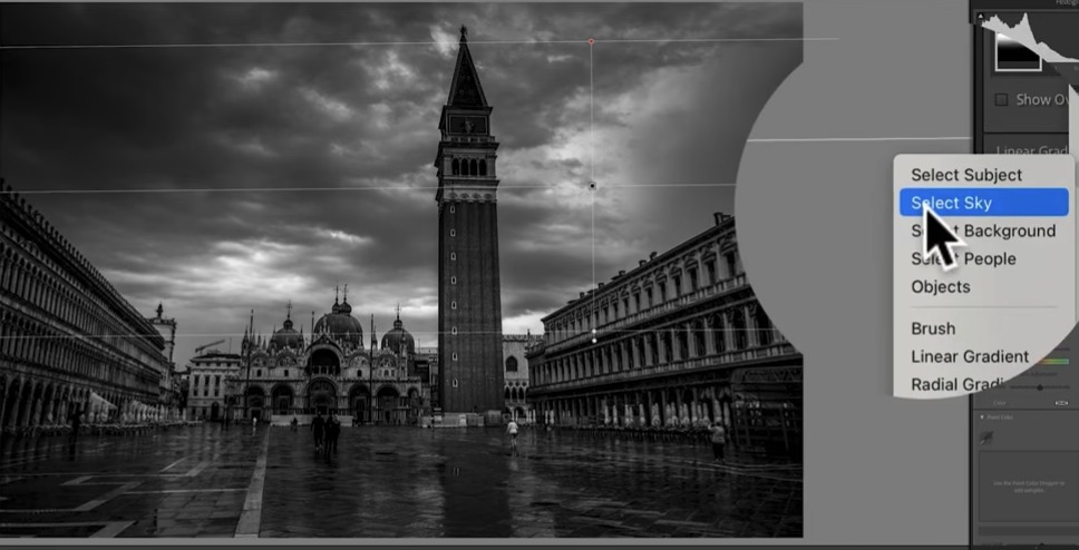 Selecting AI Select Sky option to intersect a gradient mask in Lightroom