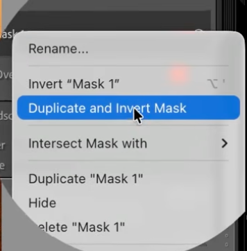 The mask menu's Duplicate and Invert Mask option