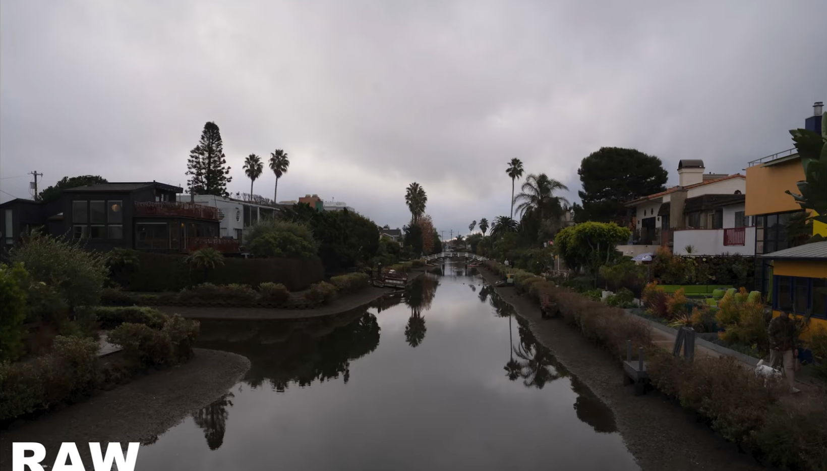 RAW, unedited photo of the Venice Canals, flat grey overcast light